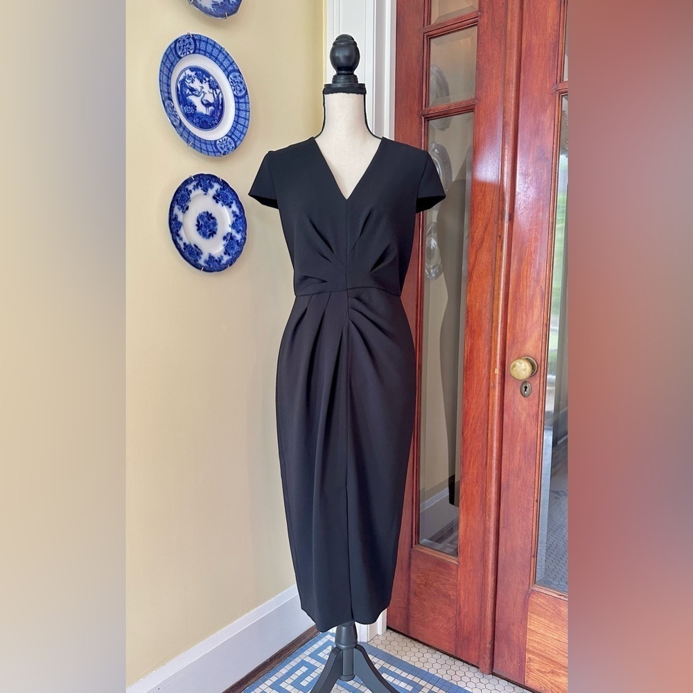 Max Mara | Black V-Neck Cocktail Dress with Cap Sleeves & Asymmetrical Pleating